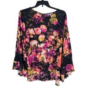 Jennifer Lopez Floral Blouse 3X Black Lace Poncho Sleeve Top Semi Sheer Romantic